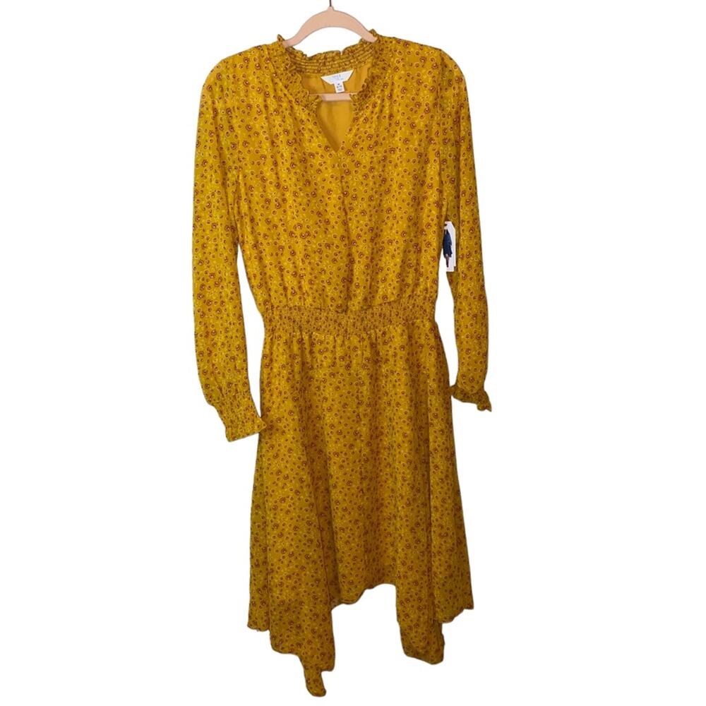 NWT‎ Time & Tru Mustard Yellow Floral Midi Dress Smocked Waist Long Sleeve Dress